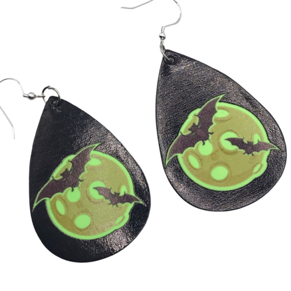 Glow in the Dark Vegan Leather Bat & Moon Earrings